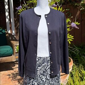 Lands' End Navy Button-Front Crewneck Cardigan